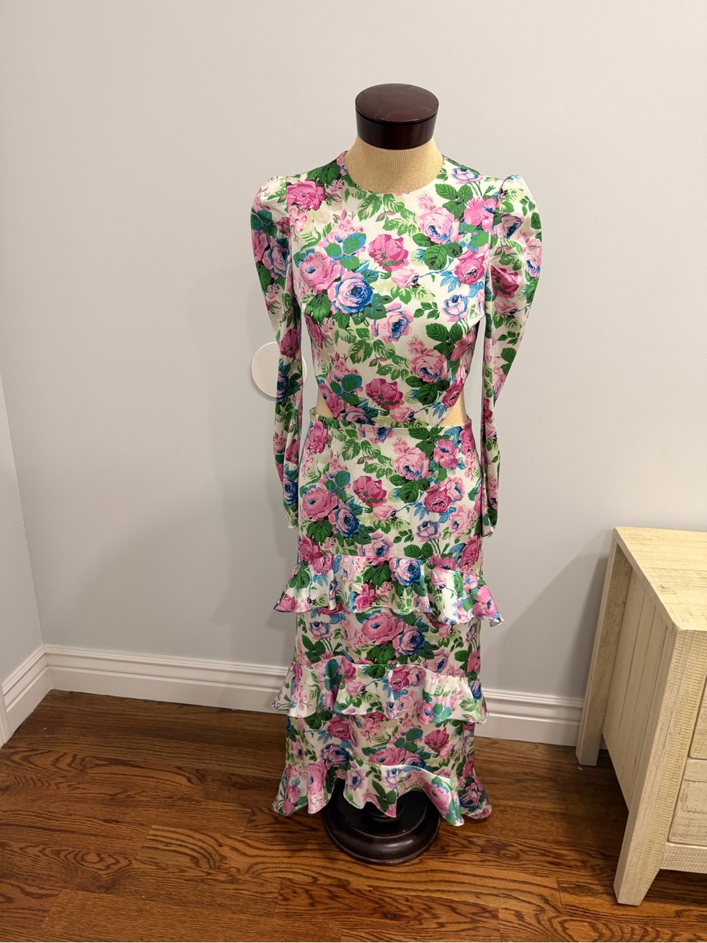 Wayf Pink and Green Floral Maxi Dress with Tiered Ruffles